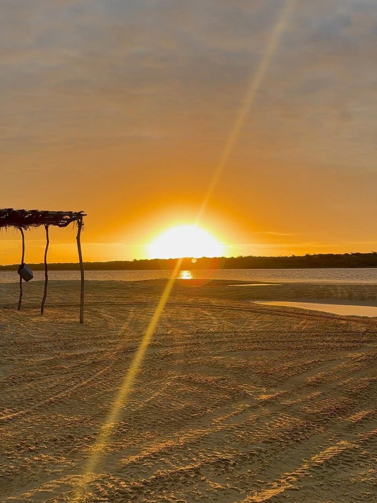 Linha de quadriciclos nas dunas brancas com parque eólico e vegetação ao fundo